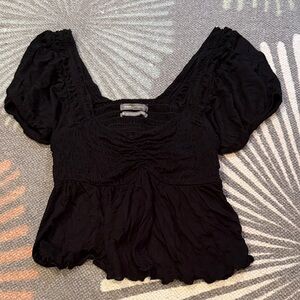 Urban Outfitters Smocked Cropped Black Puff-Sleeve Peplum Blouse